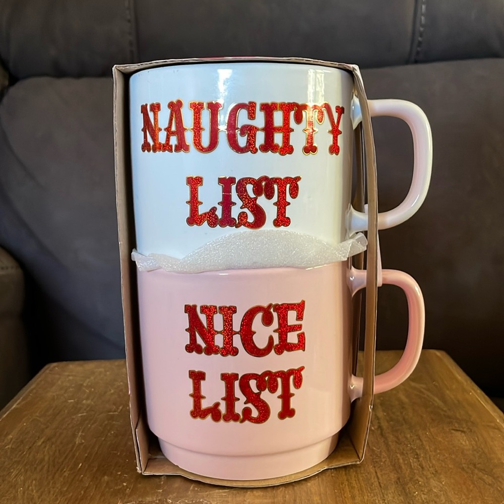 Peppermint & Pine Set of2 Christmas Naughty Nice Pink White Shiny Red Lettering